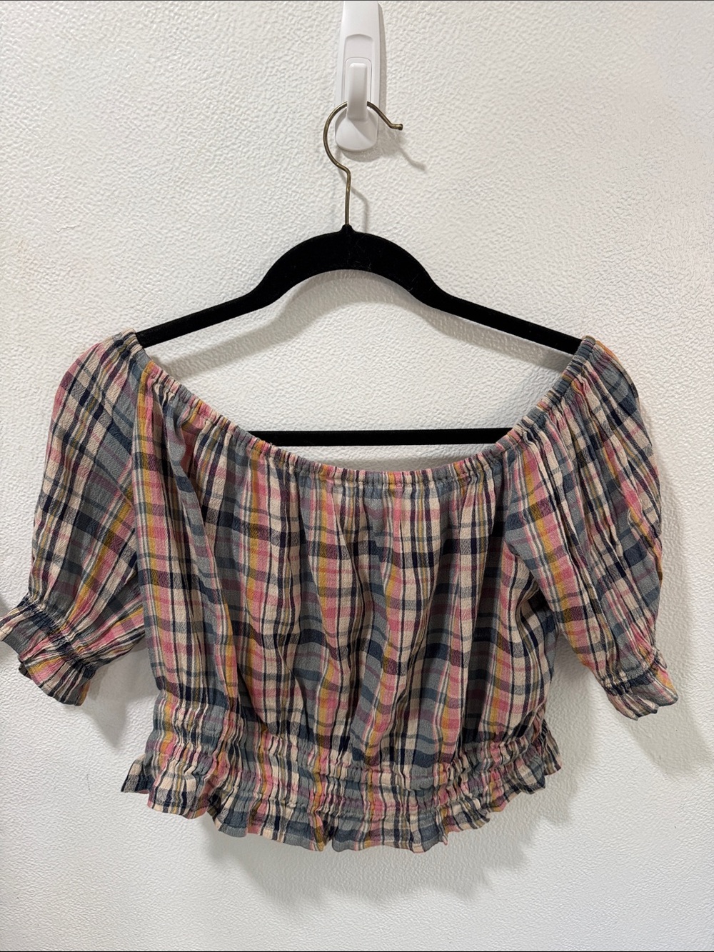American Eagle Outfitters Pink and Navy Plaid Off-Shoulder Crop Top